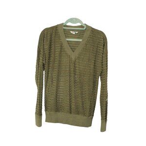 LL Bean V Neck Sweater Sz M Olive Green Ribbed Textured Gorpcore Coastal Grandma